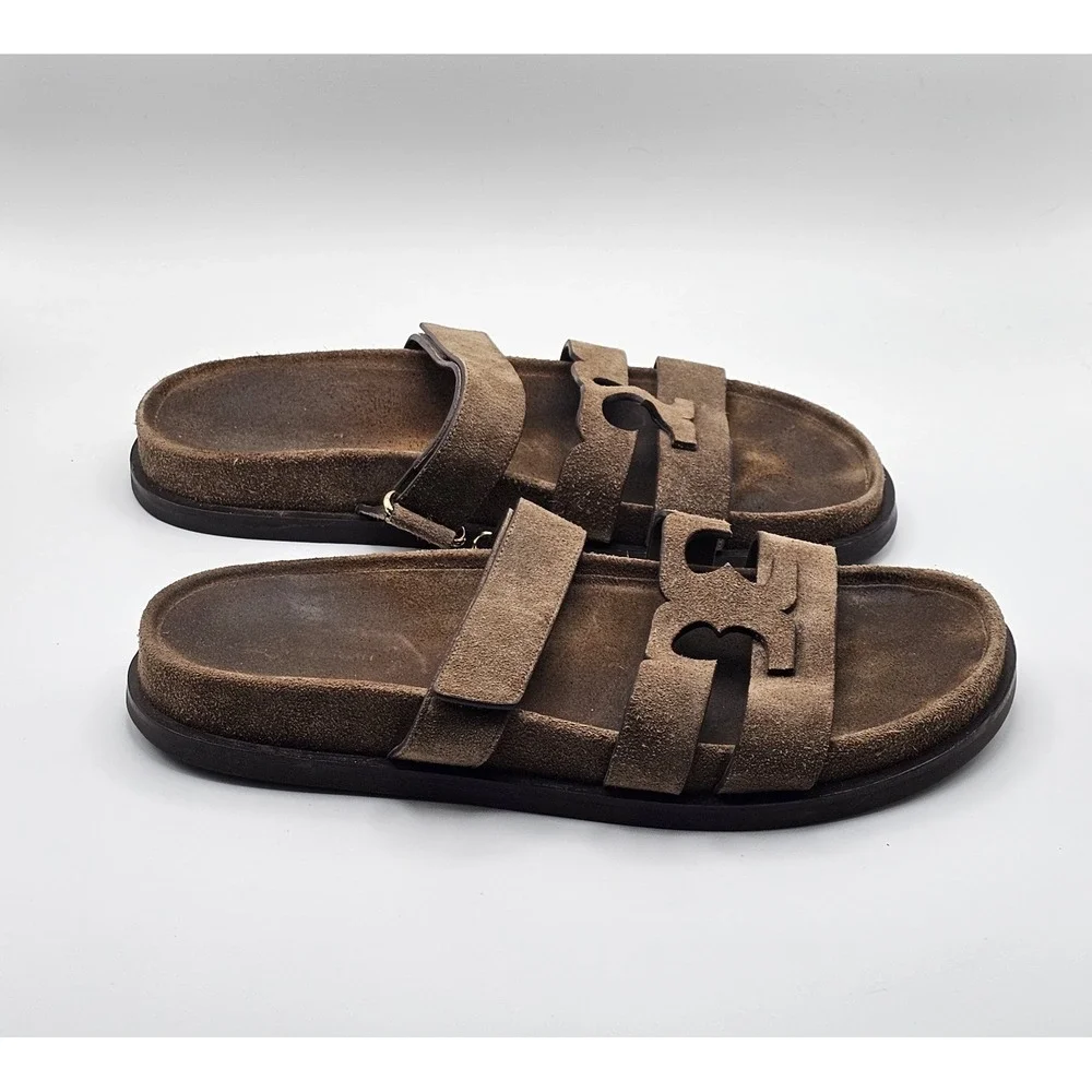 Tory Burch Ines Suede Leather Sport Slide Sandal Size 10 Brown Hook Loop Straps